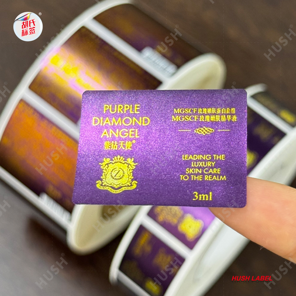 Custom Luxury Vinyl Eco-Friendly Waterproof Serum Label Cosmetics Purple Metallic Foil Logo Skincare Sticker Lotion Bottle