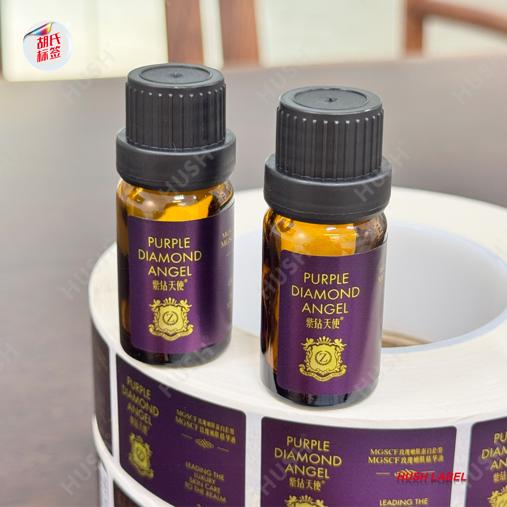 Custom Luxury Vinyl Eco-Friendly Waterproof Serum Label Cosmetics Purple Metallic Foil Logo Skincare Sticker Lotion Bottle