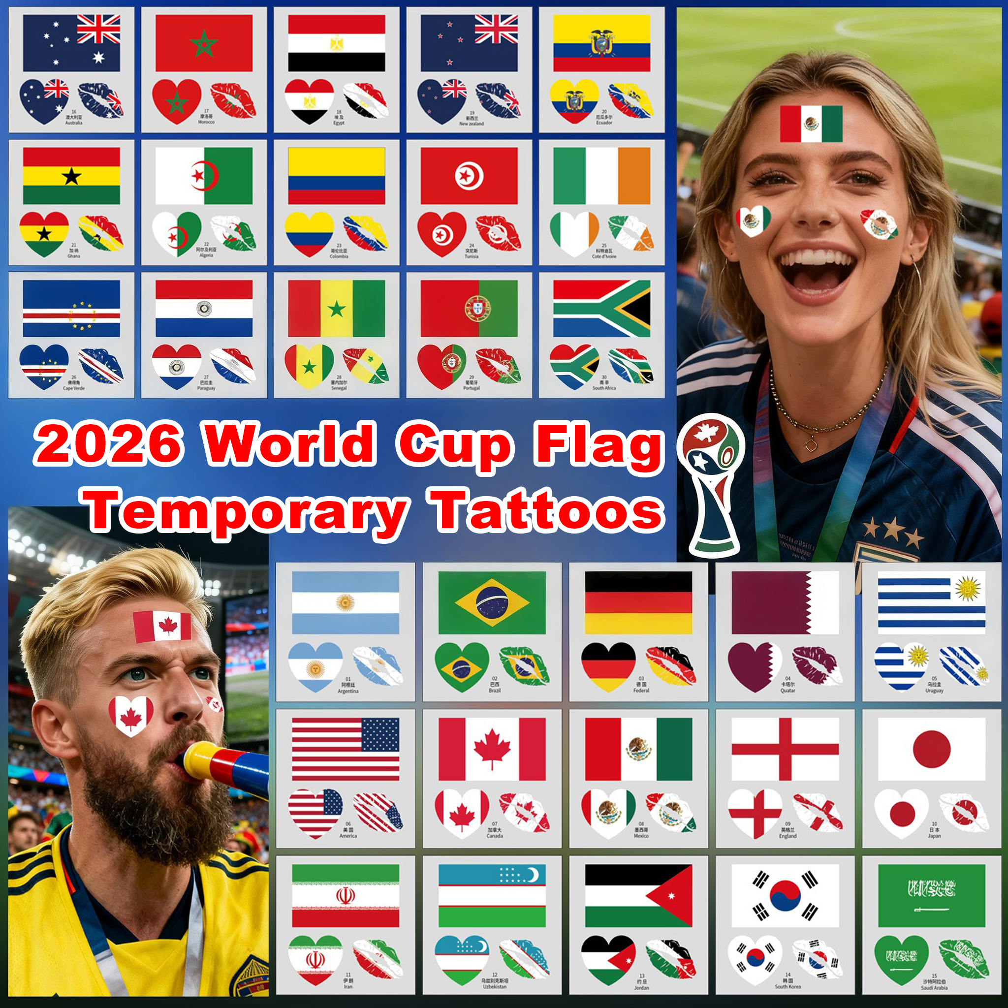 Factory Custom High Quality Waterproof National Flag Temporary Tattoo Sticker Water Transfer Face Body Decals for Sports Events